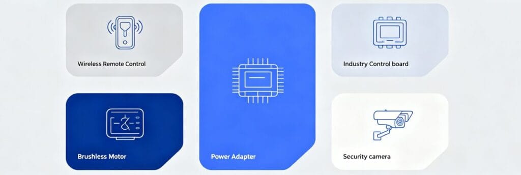 A clean and professional B2B website banner (1080x360) showcasing industrial electronics product categories. The design features minimalist line-art icons for a Wireless Remote Control, Brushless Motor, Power Adapter, Industry Control Board, and Security Camera, arranged within colored, irregularly shaped boxes. The overall aesthetic is modern and tech-focused, using a blue and gray color scheme.