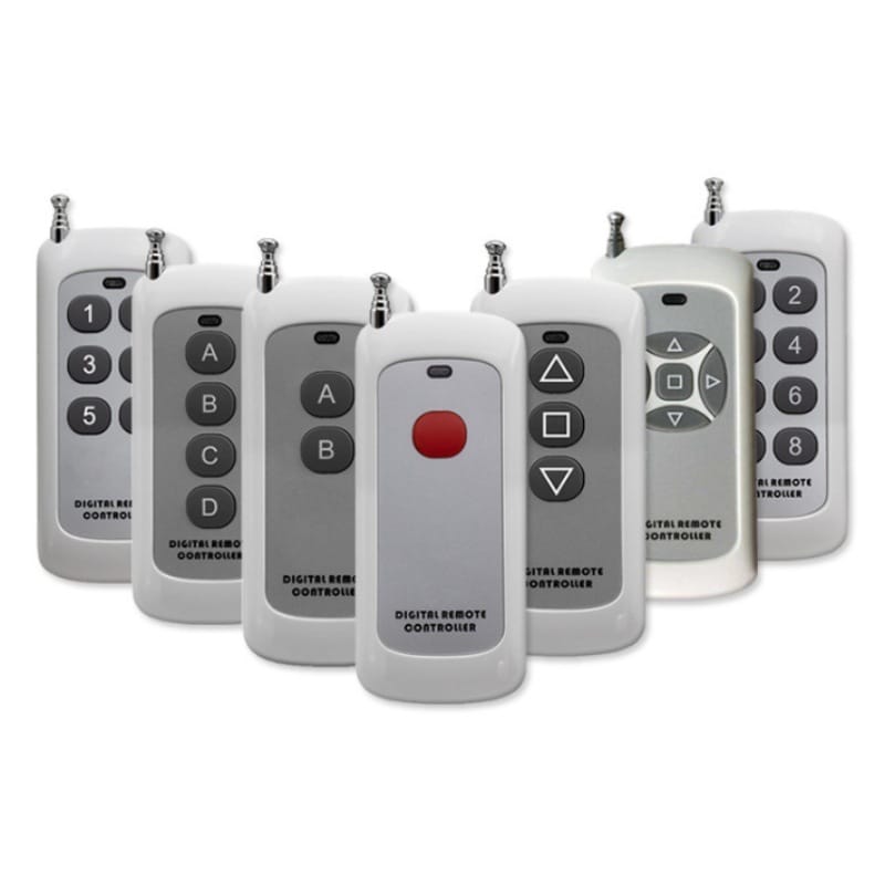 Multi-style wireless remote controls with RF and rolling code technology, designed for roller shutter doors, industrial access, and smart home automation