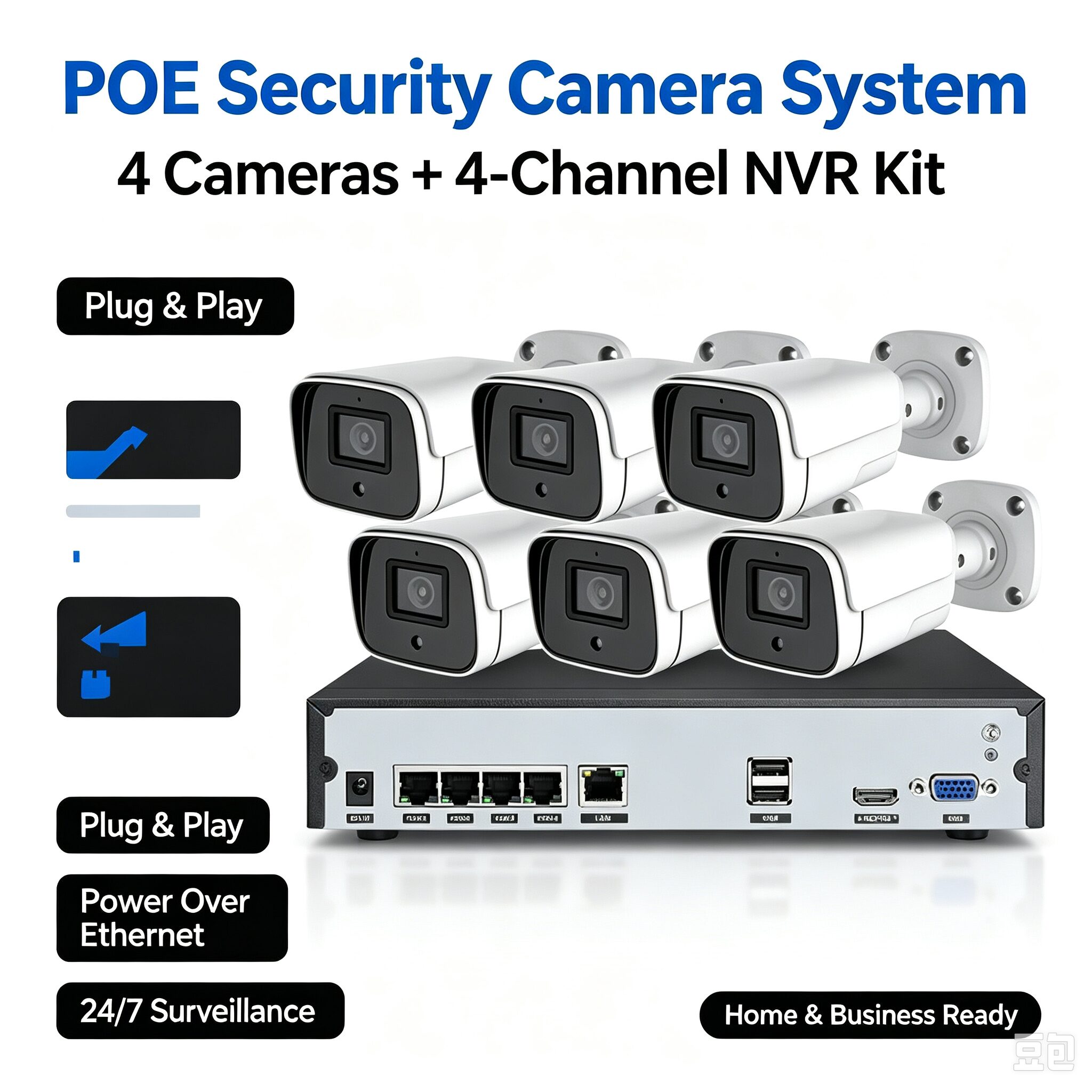4CH POE Security Camera System | 3MP/5MP/8MP Outdoor Bullet Cameras 2 4CH POE Security Camera System featuring 4 outdoor IP66 waterproof bullet cameras with 3MP/5MP/8MP resolution options, 4-channel POE NVR with HDMI/VGA output, plug-and-play installation, and remote monitoring via mobile/WEB client.