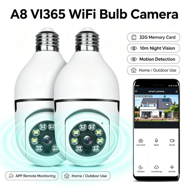 A8 VI365 WiFi bulb security camera 2-pack with mobile APP interface, showing real-time home monitoring, night vision, and remote control features